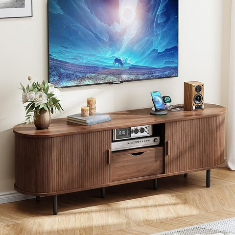 ONBRILL 86.6" TV Stand with Power Outlet for TVs up to 90", Walnut Entertainment Center with Storage and Drawer TV Console w/ Adjustable Shelves & Sliding Door TV Stand for Living Room Bedroom