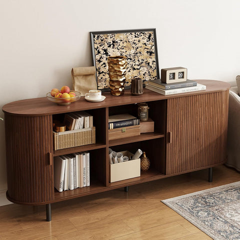 ONBRILL 70" Sideboard Buffet Cabinet, Sliding Door/Adjustable Shelf, Walnut Buffet Sideboard Storage Cabinet Mid-Century Modern Accent Coffee Bar Cabinet Console Table for Kitchen/Entryway/Dining Room