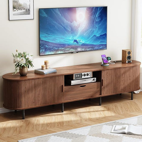ONBRILL 86.6" TV Stand with Power Outlet for TVs up to 90", Walnut Entertainment Center with Storage and Drawer TV Console w/ Adjustable Shelves & Sliding Door TV Stand for Living Room Bedroom