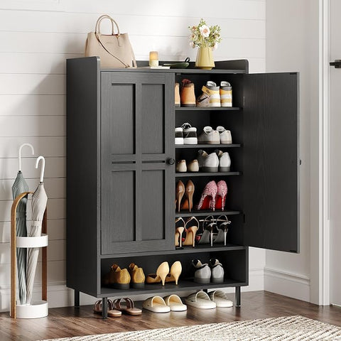 ONBRILL Shoe Cabinet with Cross Molding Doors, 6-Tier Shoe Storage(White) 18-24 Pairs Shoe Storage Cabinet with 3 Adjustable Shelves & Metal Legs, 45 Inch Tall Shoe Organizer for Entryway, Front Door