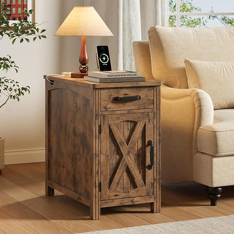 ONBRILL Farmhouse End Table with Charging Station,Rustic White Narrow Side Table,Rustic Sofa Side Table with Storage Tray,23.5"Small Wood Nightstand with Drawer and Storage for Living Room