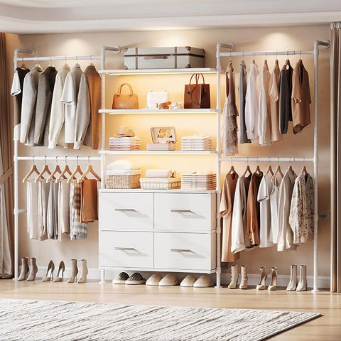 ONBRILL T3 Closet System with Stepless Dimmable LED Light & 4 Large Drawers Adjustable from 6'6'' to 8'11'', Heavy Duty Industrial Pipe Clothing Rack with 6 Wooden Shelves & 4 Telescopic Rods, Black