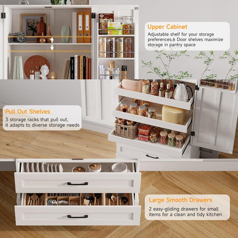 ONBRILL 71" Kitchen Pantry Cabinet, 3 Pull-Out Shelf & 2 Drawer, Off-White Tall Farmhouse Pantry Storage Cabinet with 6 Door Shelf & Adjustable Shelf, Freestanding Cupboard for Kitchen, Dining Room