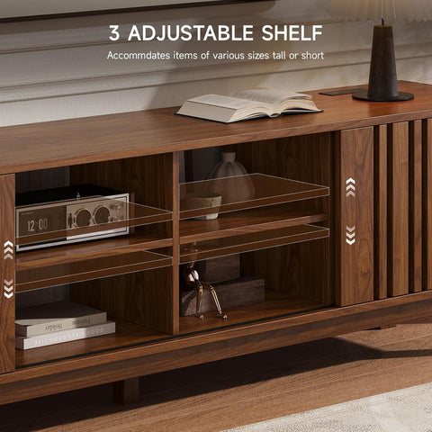 ONBRILL 70" TV Stand for TV Up to 85", Mid-Century Modern Television Stand Entertainment Center with Power Outlet, Console Table with Sliding Grille Door Cabinets, Open Shelves for Living Room, Walnut