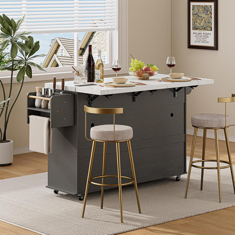 ONBRILL 60" Kitchen Island with Trash Can Storage, Grey+Imitation Marble Kitchen Island Cart with Power Outlet & Drop Leaf, Storage Cabinet with Adjustable Shelf, Rolling Island Table for Kitchen