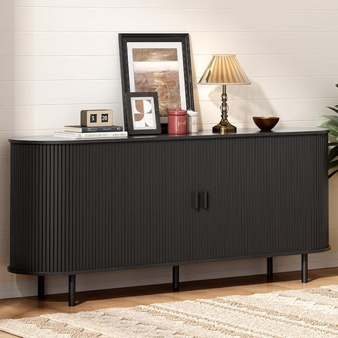 ONBRILL 70" Sideboard Buffet Cabinet, Sliding Door/Adjustable Shelf, Walnut Buffet Sideboard Storage Cabinet Mid-Century Modern Accent Coffee Bar Cabinet Console Table for Kitchen/Entryway/Dining Room