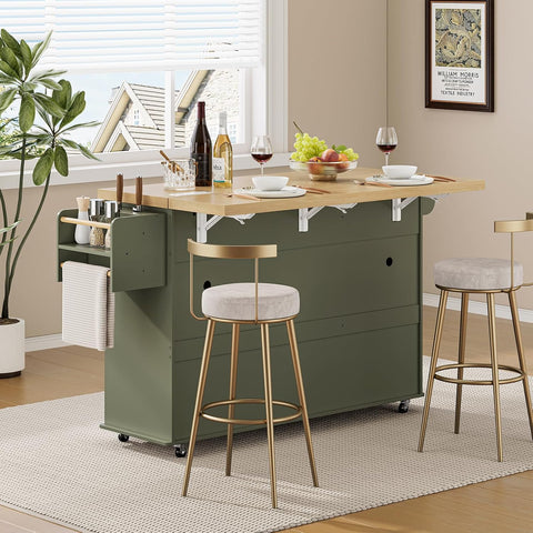 ONBRILL 60" Kitchen Island with Trash Can Storage, Green Kitchen Island Cart with Power Outlet & Drop Leaf, Storage Cabinet with Adjustable Shelf, Rolling Island Table for Kitchen