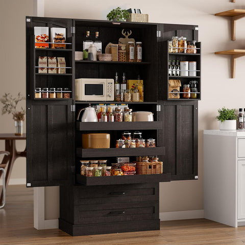 ONBRILL 71" Kitchen Pantry Cabinet, 3 Pull-Out Shelves & 2 Drawers, Black Tall Farmhouse Pantry Storage Cabinet with 6 Door Shelf & Adjustable Shelf, Freestanding Cupboard for Kitchen, Dining Room