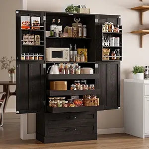 ONBRILL 71" Kitchen Pantry Cabinet 3 Pull-Out Shelf & 2 Drawer Rustic Brown Tall Farmhouse Pantry Storage Cabinet with 6 Door Shelf & Adjustable Shelf, Freestanding Cupboard for Kitchen, Dining Room