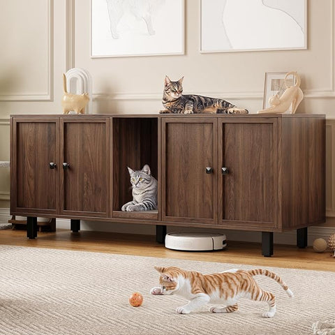 ONBRILL 59 Inches Cat Litter Box Enclosure for 2 Cats, Walnut Modern Hidden Litter Furniture with Cat Scratch Pad, Large Indoor Pet House with Double Room, Wooden TV Stand Side Table