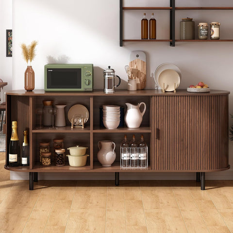 ONBRILL 70" Sideboard Buffet Cabinet, Sliding Door/Adjustable Shelf, Walnut Buffet Sideboard Storage Cabinet Mid-Century Modern Accent Coffee Bar Cabinet Console Table for Kitchen/Entryway/Dining Room