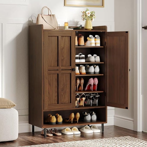 ONBRILL Shoe Cabinet with Cross Molding Doors, 6-Tier Shoe Storage(White) 18-24 Pairs Shoe Storage Cabinet with 3 Adjustable Shelves & Metal Legs, 45 Inch Tall Shoe Organizer for Entryway, Front Door