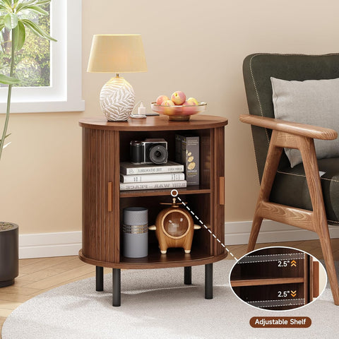 ONBRILL Oval End Table with Charging Station, Sliding Door, Wlanut(1-Pack) Fluted End Table Accent Side Table with Storage/Adjustable Shelf, Mid-Century Nightstand Living Room/Bedroom, Patent Pending