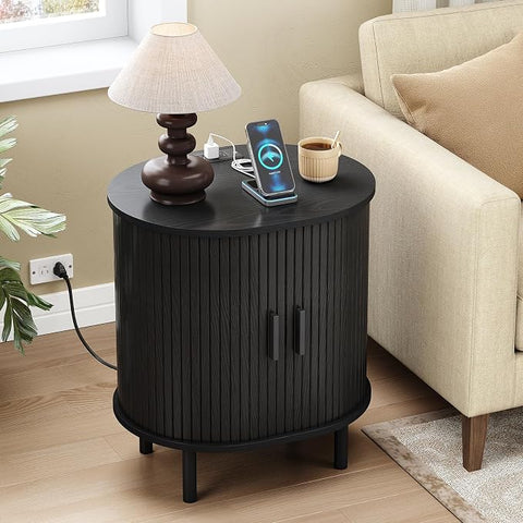 ONBRILL Oval End Table with Charging Station, Sliding Door, Wlanut(1-Pack) Fluted End Table Accent Side Table with Storage/Adjustable Shelf, Mid-Century Nightstand Living Room/Bedroom, Patent Pending