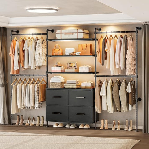 ONBRILL T3 Closet System with Stepless Dimmable LED Light & 4 Large Drawers Adjustable from 6'6'' to 8'11'', Heavy Duty Industrial Pipe Clothing Rack with 6 Wooden Shelves & 4 Telescopic Rods, Black