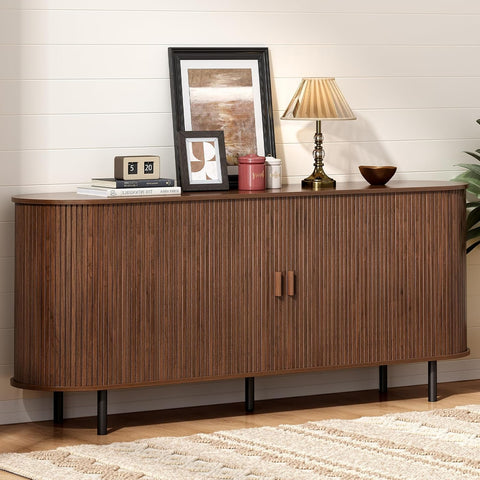 ONBRILL 70" Sideboard Buffet Cabinet, Sliding Door/Adjustable Shelf, Walnut Buffet Sideboard Storage Cabinet Mid-Century Modern Accent Coffee Bar Cabinet Console Table for Kitchen/Entryway/Dining Room