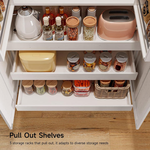 ONBRILL 71" Kitchen Pantry Cabinet, 3 Pull-Out Shelf & 2 Drawer, Off-White Tall Farmhouse Pantry Storage Cabinet with 6 Door Shelf & Adjustable Shelf, Freestanding Cupboard for Kitchen, Dining Room