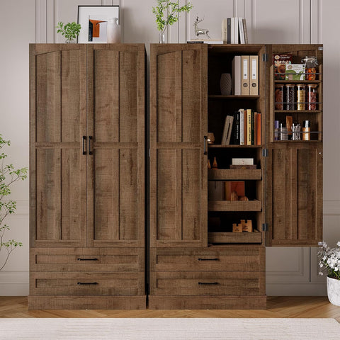 ONBRILL 71" Kitchen Pantry Cabinet 3 Pull-Out Shelf & 2 Drawer Rustic Brown Tall Farmhouse Pantry Storage Cabinet with 6 Door Shelf & Adjustable Shelf, Freestanding Cupboard for Kitchen, Dining Room