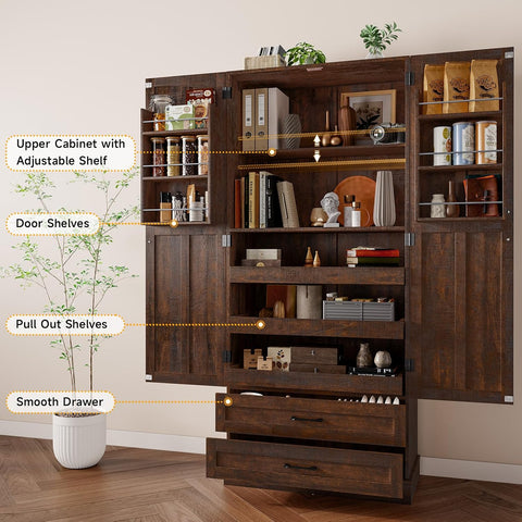 ONBRILL 71" Kitchen Pantry Cabinet, 3 Pull-Out Shelves & 2 Drawers, Brown Tall Farmhouse Pantry Storage Cabinet with 6 Door Shelf & Adjustable Shelf, Freestanding Cupboard for Kitchen, Dining Room