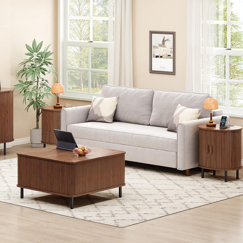 ONBRILL Oval End Table with Charging Station, Sliding Door, Wlanut(1-Pack) Fluted End Table Accent Side Table with Storage/Adjustable Shelf, Mid-Century Nightstand Living Room/Bedroom, Patent Pending