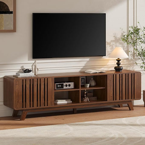 ONBRILL 70" TV Stand for TV Up to 85", Mid-Century Modern Television Stand Entertainment Center with Power Outlet, Console Table with Sliding Grille Door Cabinets, Open Shelves for Living Room, Walnut