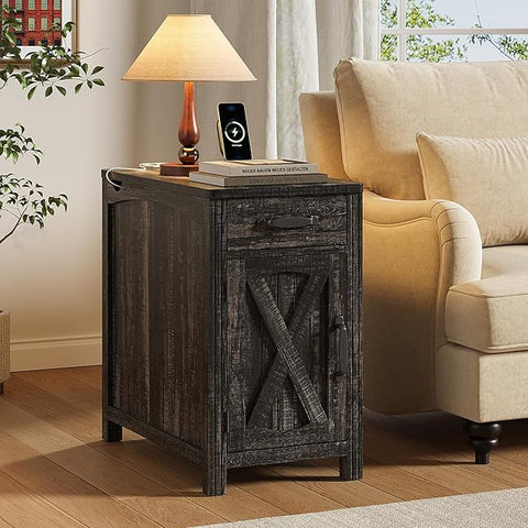ONBRILL Farmhouse End Table with Charging Station,Rustic White Narrow Side Table,Rustic Sofa Side Table with Storage Tray,23.5"Small Wood Nightstand with Drawer and Storage for Living Room