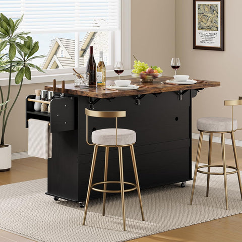 ONBRILL 60" Kitchen Island with Trash Can Storage, Black+Rustic Brown | Kitchen Island Cart with Power Outlet & Drop Leaf, Storage Cabinet with Adjustable Shelf, Rolling Island Table for Kitchen