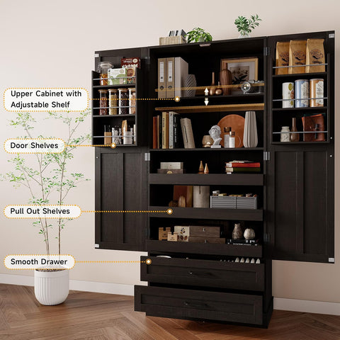 ONBRILL 71" Kitchen Pantry Cabinet, 3 Pull-Out Shelves & 2 Drawers, Black Tall Farmhouse Pantry Storage Cabinet with 6 Door Shelf & Adjustable Shelf, Freestanding Cupboard for Kitchen, Dining Room