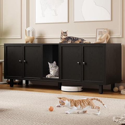 ONBRILL 59 Inches Cat Litter Box Enclosure for 2 Cats, Walnut Modern Hidden Litter Furniture with Cat Scratch Pad, Large Indoor Pet House with Double Room, Wooden TV Stand Side Table