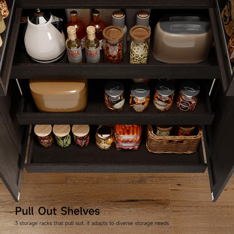 ONBRILL 71" Kitchen Pantry Cabinet, 3 Pull-Out Shelves & 2 Drawers, Black Tall Farmhouse Pantry Storage Cabinet with 6 Door Shelf & Adjustable Shelf, Freestanding Cupboard for Kitchen, Dining Room