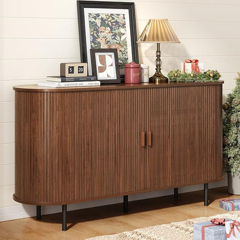 ONBRILL 70" Sideboard Buffet Cabinet, Sliding Door/Adjustable Shelf, Walnut Buffet Sideboard Storage Cabinet Mid-Century Modern Accent Coffee Bar Cabinet Console Table for Kitchen/Entryway/Dining Room