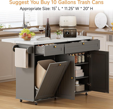 ONBRILL 60" Kitchen Island with Trash Can Storage, Grey+Imitation Marble Kitchen Island Cart with Power Outlet & Drop Leaf, Storage Cabinet with Adjustable Shelf, Rolling Island Table for Kitchen