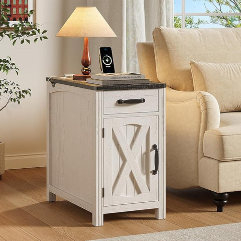 ONBRILL Farmhouse End Table with Charging Station,Rustic White Narrow Side Table,Rustic Sofa Side Table with Storage Tray,23.5"Small Wood Nightstand with Drawer and Storage for Living Room