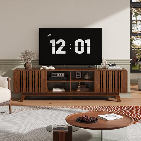 ONBRILL 70" TV Stand for TV Up to 85", Mid-Century Modern Television Stand Entertainment Center with Power Outlet, Console Table with Sliding Grille Door Cabinets, Open Shelves for Living Room, Walnut