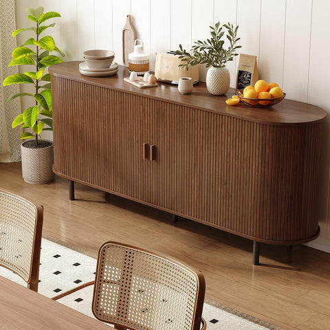ONBRILL 70" Sideboard Buffet Cabinet, Sliding Door/Adjustable Shelf, Walnut Buffet Sideboard Storage Cabinet Mid-Century Modern Accent Coffee Bar Cabinet Console Table for Kitchen/Entryway/Dining Room