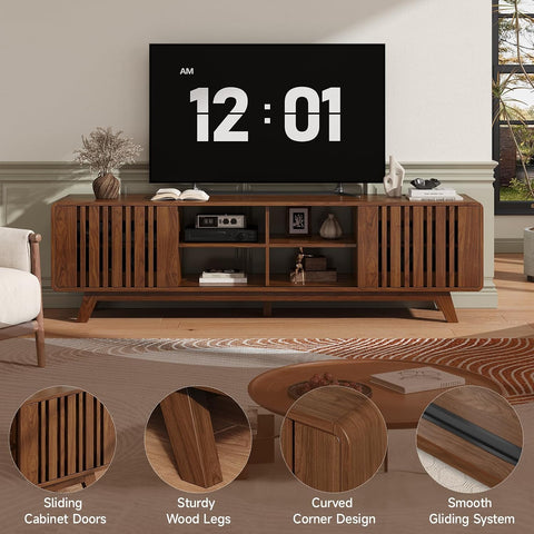ONBRILL 70" TV Stand for TV Up to 85", Mid-Century Modern Television Stand Entertainment Center with Power Outlet, Console Table with Sliding Grille Door Cabinets, Open Shelves for Living Room, Walnut