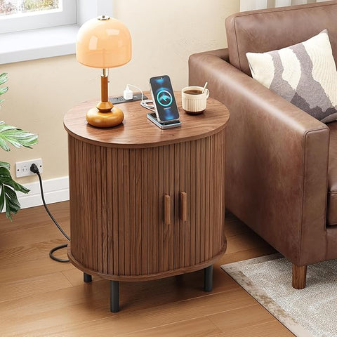 ONBRILL Oval End Table with Charging Station, Sliding Door, Wlanut(1-Pack) Fluted End Table Accent Side Table with Storage/Adjustable Shelf, Mid-Century Nightstand Living Room/Bedroom, Patent Pending