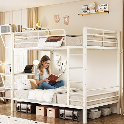 ONBRILL Bunk Bed Twin Over Twin, Metal Bunk Beds with Desk & Outlet, White Heavy-Duty Bunkbeds Frame with Safety Guardrail & Ladders, Upper Bed with Storage Rack, No Box Spring Needed, for Juniors