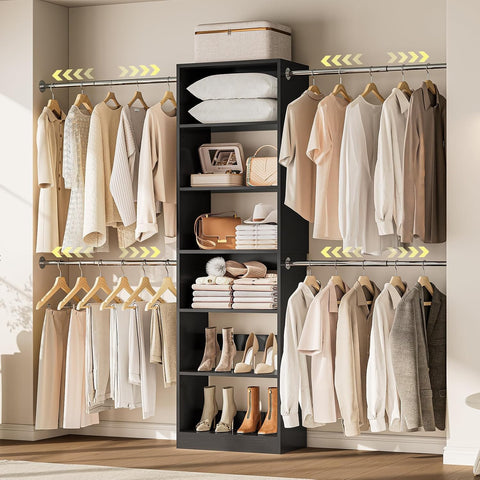 ONBRILL W1 3.5FT-7.7FT Closet System with 4 Chrome-Plated Telescopic Rods Modular Closet Organizer System with 6 Adjustable Shelves, Custom Wood Walk-In & Reach-In Closet Organizer, Wall Mount, Black