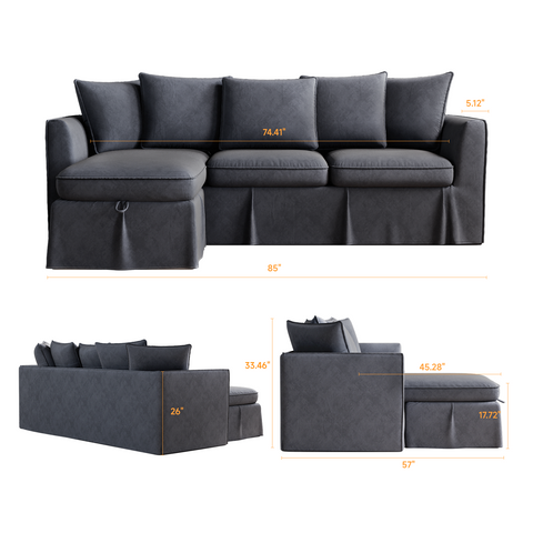 85” Coastal Chenille Convertible Sectional 4 Seater Sofa with Chaise