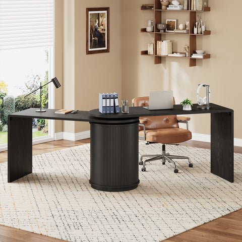 ONBRILL 60 Inch Fluted Computer Desk with Power Outlets,360° Rotating L Shaped Desks with Storge, Swivel Corner Table for Home Office,Workstation,Study Room,Black