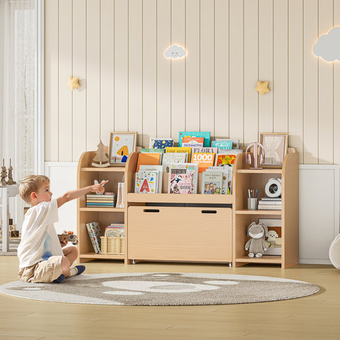 ONBRILL Kids Bookshelf with Reading Nook, 55.2" Toy Storage Organizer, 6 Storage Cubbies, Kids Bookcase with 3-Tier Bookshelf