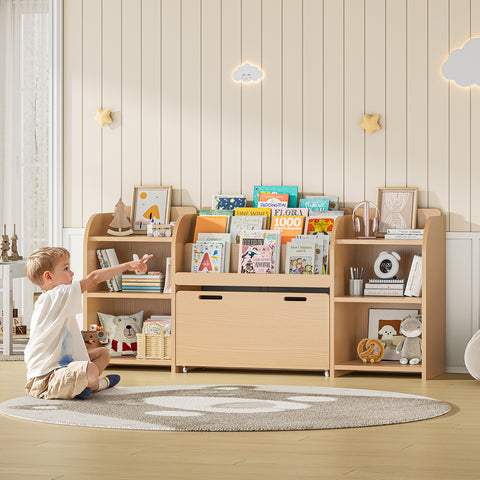 ONBRILL Kids Bookshelf with Reading Nook, 64.5" Toy Storage Organizer with Movable Bench with 3 Storage, Kids Bookcase with 3-Tier Bookshelf, 6 Storage Cubbies, Toy Box & Chest for Bedroom, Playroom