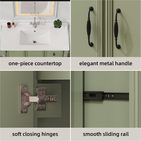 ONBRILL Bathroom Vanity with Sink Combo, Modern Bathroom Vanities with Adjustable Shelf, 4 Solid Legs, 2 Drawers, 2 Doors, Ceramic Integrated Sink, Freestanding Bath Storage Cabinet (36", Green)