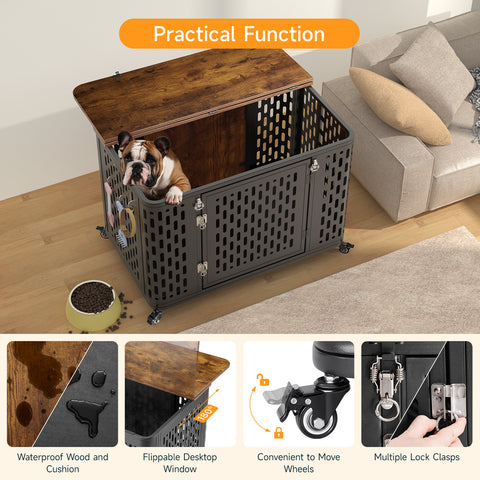 ONBRILL Heavy Duty Dog Crate Furniture for Large and Medium Dogs, 38.2 Inch/43.7 Inch Dog Crate Kennel with Flip Top & Cushion & Wheels, Escape Proof Pet Cage,Wooden Cage Kennel Furniture Indoor