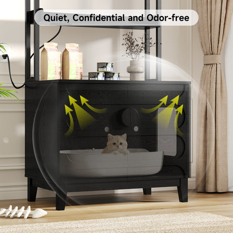 ONBRILL 68" Cat Litter Box Enclosure Furniture, Hidden Litter Box Cabinet with 4-Tier Storage Shelves and Outlet, Kitty Washroom Cabinet and Pet House, Fit Most of Litter Boxes for Living Room