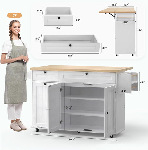 60" Mobile Kitchen Island with Drop Leaf