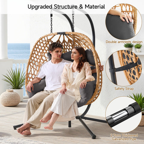 ONBRILL Double Hanging Egg Chair with Stand, Bohemian Knot Style Hammock Swing Chair, Foldable Basket & Denser Weaves, 650 Lbs Capacity Loveseat with UV Resistant Cushion for Patio, Backyard