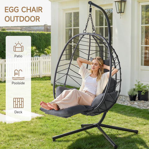 ONBRILL Hanging Egg Chair with Adjustable Footrest & Stand, Wicker Rattan Swing Hammock Chair with Cushion & Double Chains, 350LBS Capacity for Outdoor & Indoor Patio, Deck, Bedroom, Balcony