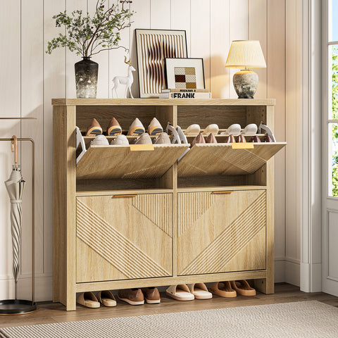 ONBRILL Shoe Cabinet with 4 Flip Drawers, Narrow Shoe Organizer with Symmetric Groove Pattern, Freestanding Wood Hidden Shoe Storage Cabinet for Entryway, Hallway